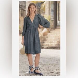 Sundance La Lune Charcoal Gray Linen Dress Womens S Midi V Neck Puff Sleeve Boho